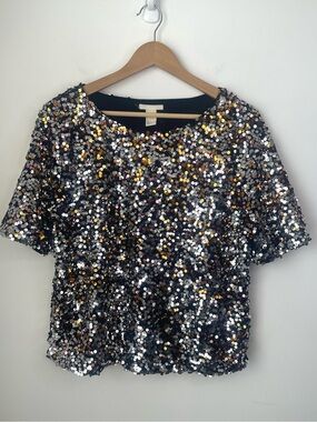 H&M Black Sequin Short-Sleeve Top with Silver & Gold Accents size large